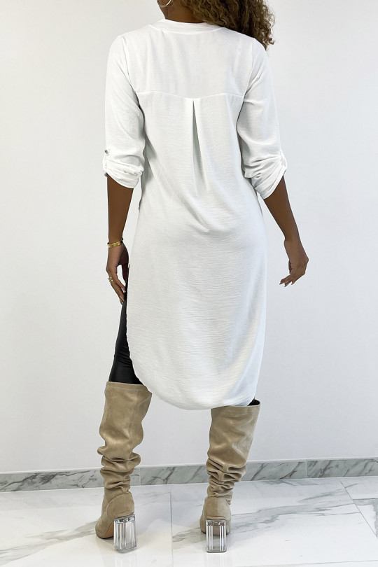 Long white tunic with rolled up sleeves with button slit and pocket - 5