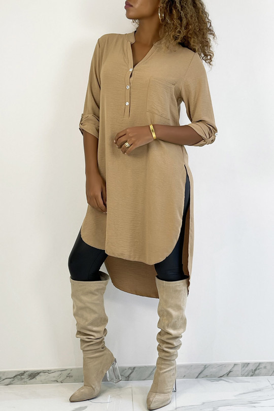 Long camel tunic with rolled up sleeves with button slit and pocket - 1