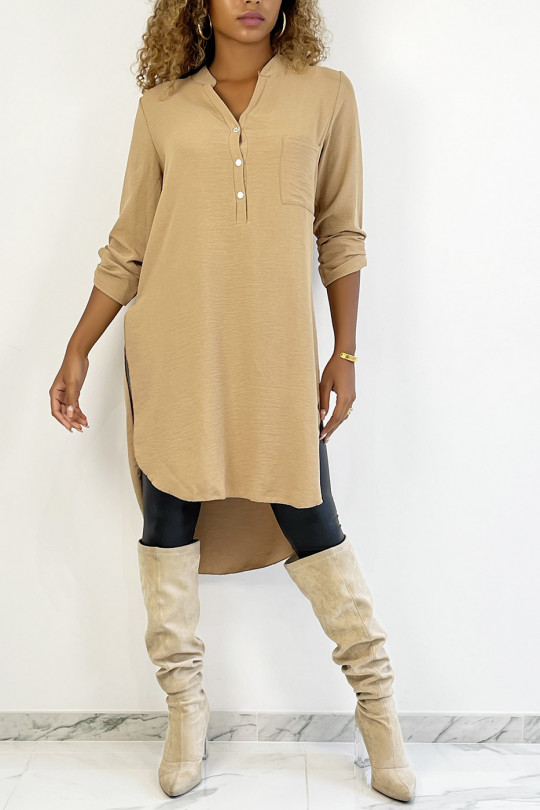 Long camel tunic with rolled up sleeves with button slit and pocket - 2