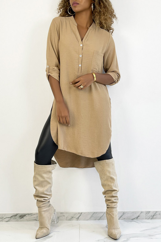 Long camel tunic with rolled up sleeves with button slit and pocket - 3