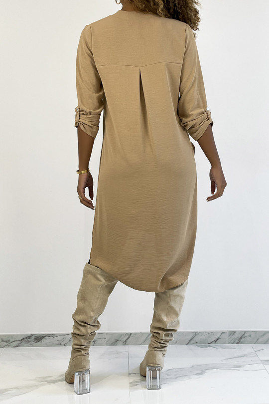 Long camel tunic with rolled up sleeves with button slit and pocket - 4