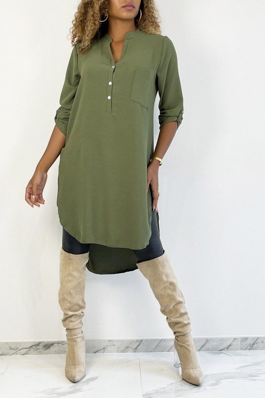Long khaki tunic with rolled up sleeves with button slit and pocket - 1