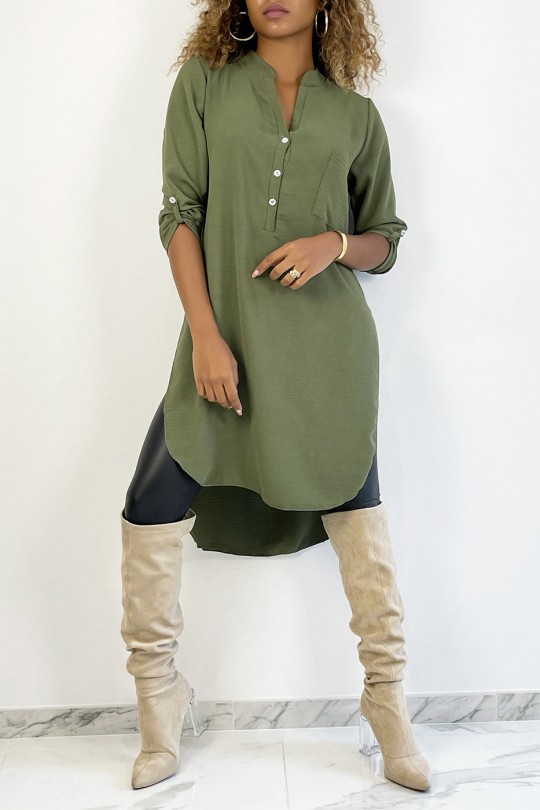 Long khaki tunic with rolled up sleeves with button slit and pocket - 3