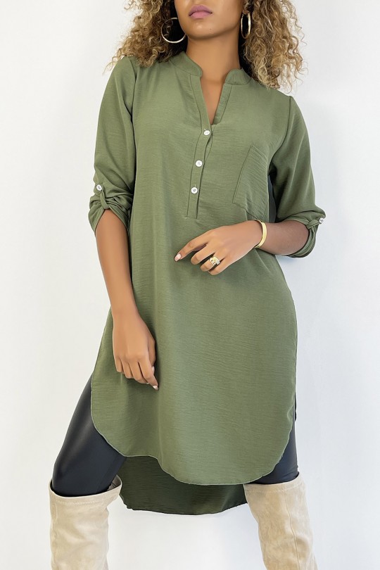 Long khaki tunic with rolled up sleeves with button slit and pocket - 4