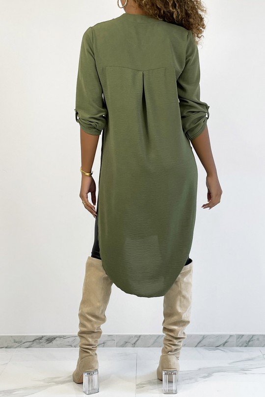 Long khaki tunic with rolled up sleeves with button slit and pocket - 5