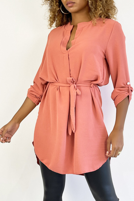 Long pink tunic with Tunisian collar with belt - 1
