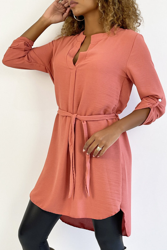 Long pink tunic with Tunisian collar with belt - 3