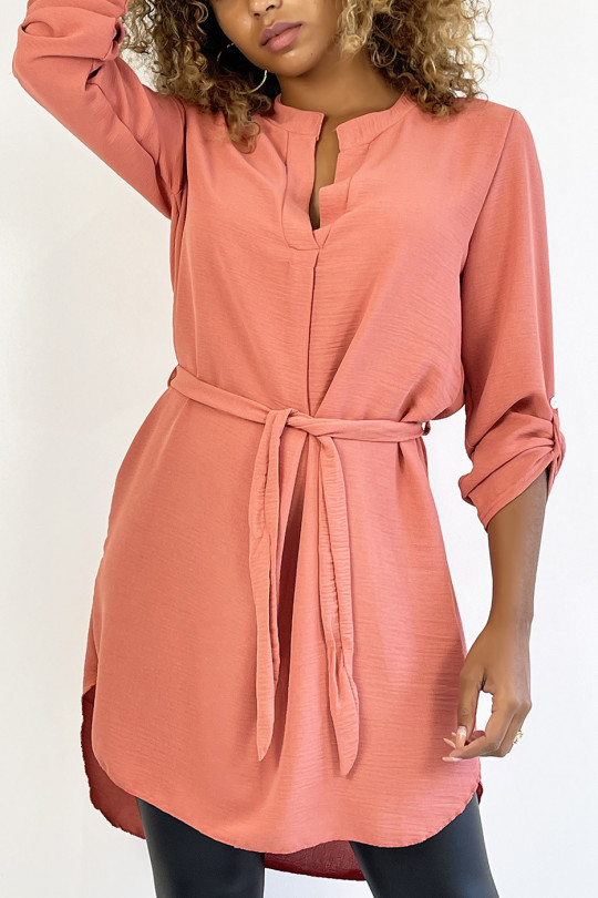 Long pink tunic with Tunisian collar with belt - 6