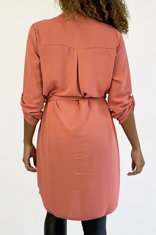 Long pink tunic with Tunisian collar with belt - 7