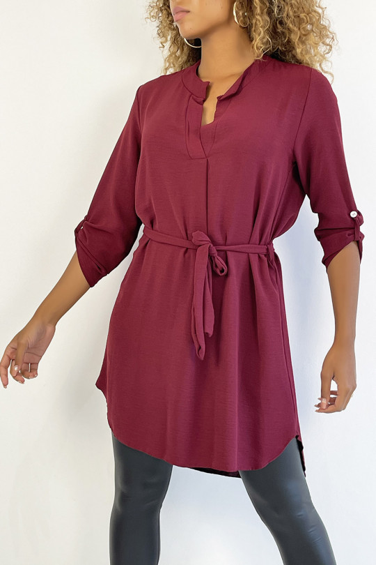 Long burgundy tunic with Tunisian collar with belt - 1