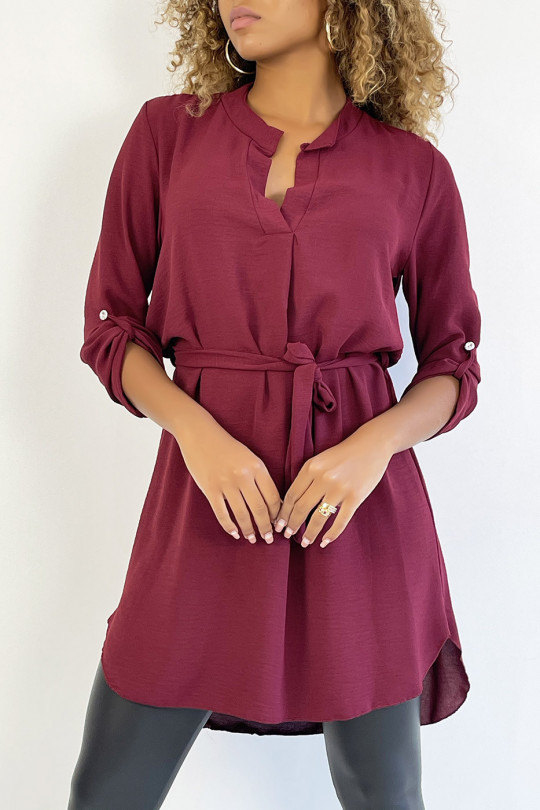 Long burgundy tunic with Tunisian collar with belt - 2