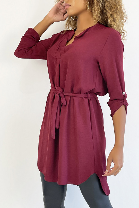 Long burgundy tunic with Tunisian collar with belt - 3