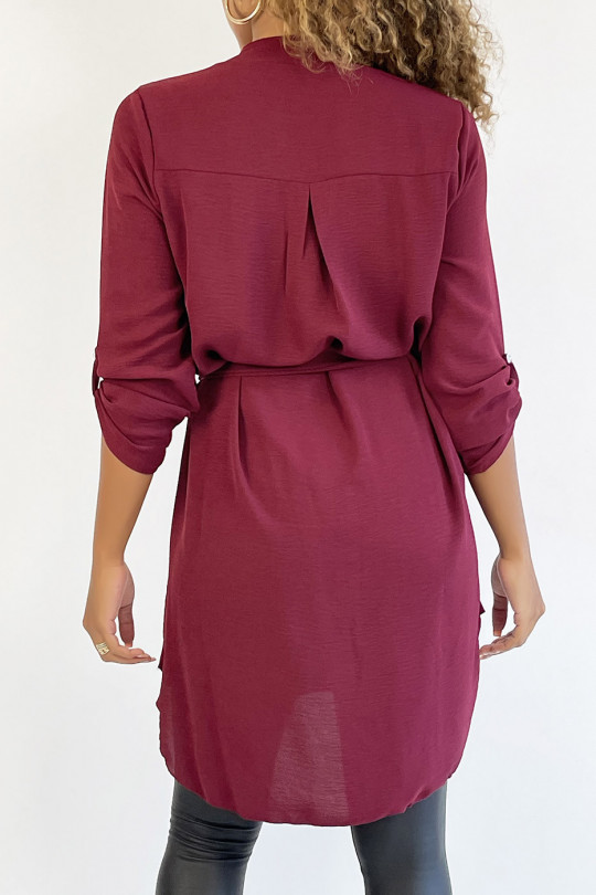 Long burgundy tunic with Tunisian collar with belt - 4