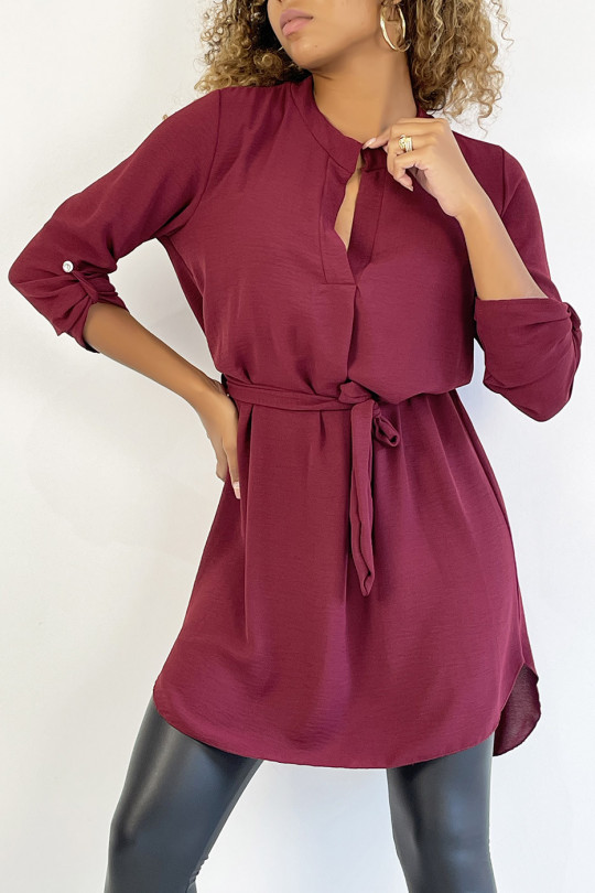 Long burgundy tunic with Tunisian collar with belt - 5