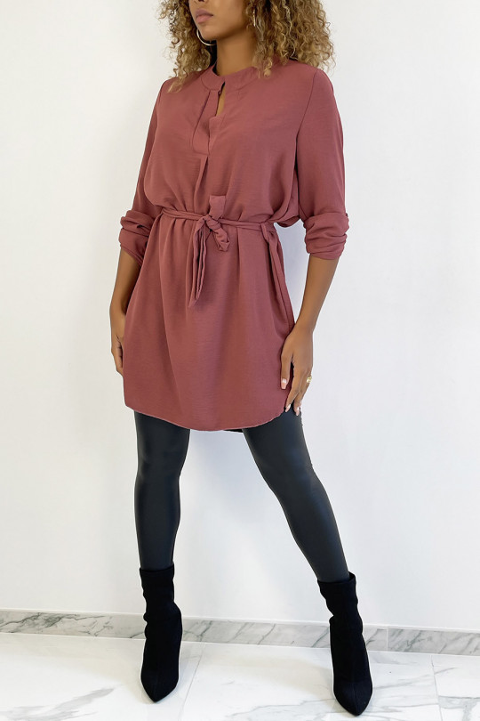 Long dark pink tunic with Tunisian collar with belt - 1