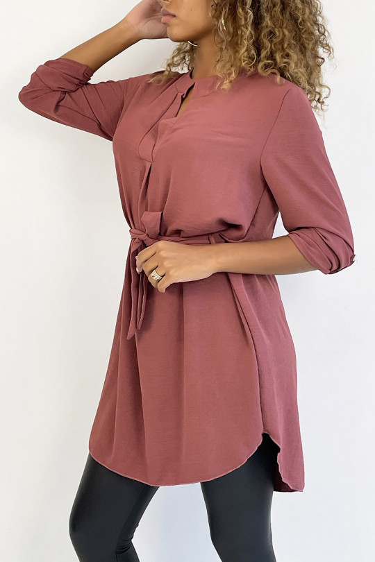 Long dark pink tunic with Tunisian collar with belt - 2