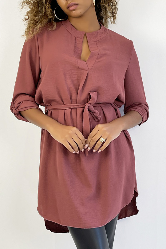 Long dark pink tunic with Tunisian collar with belt - 3