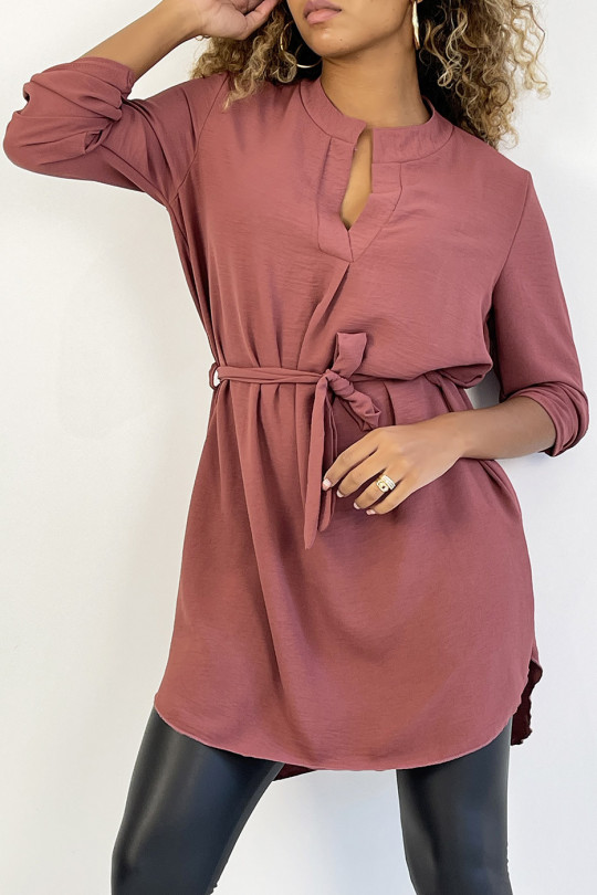 Long dark pink tunic with Tunisian collar with belt - 4