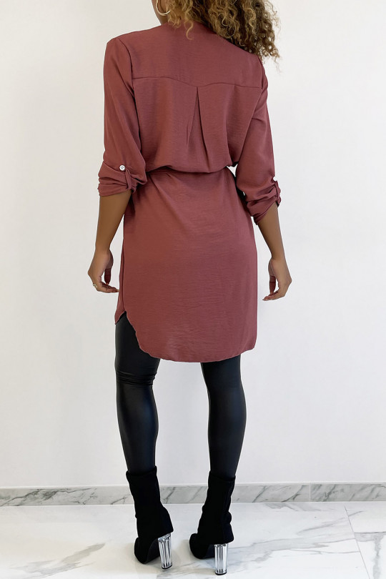 Long dark pink tunic with Tunisian collar with belt - 5