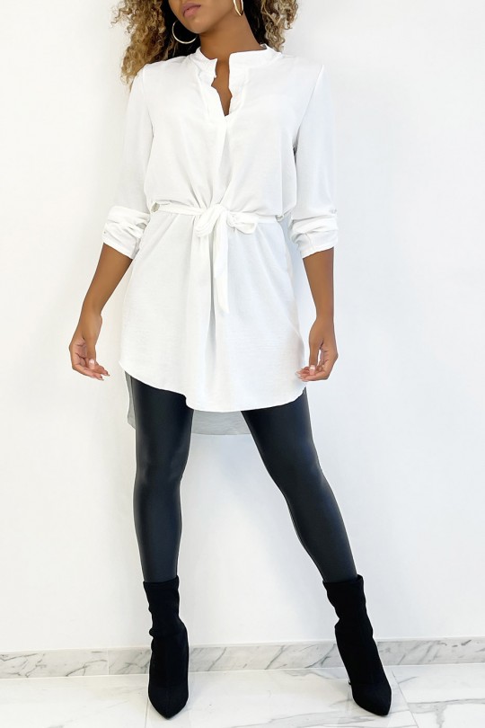 Long white tunic with Tunisian collar with belt - 1