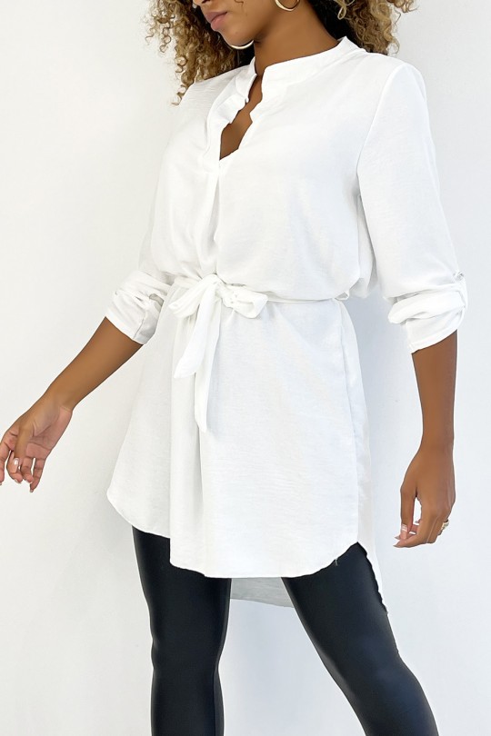 Long white tunic with Tunisian collar with belt - 3