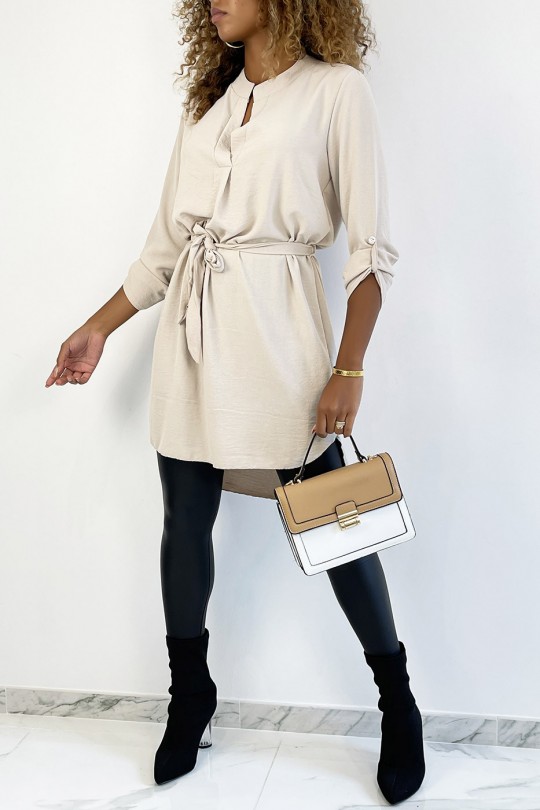 Long beige tunic with Tunisian collar with belt - 1