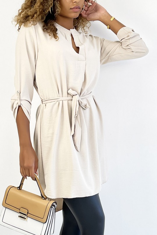 Long beige tunic with Tunisian collar with belt - 3