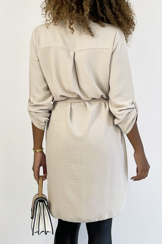 Long beige tunic with Tunisian collar with belt - 4