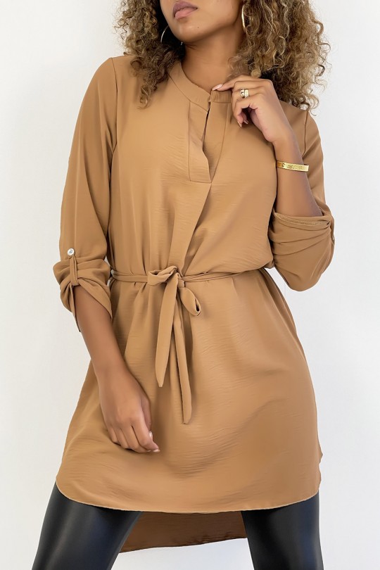 Long camel tunic with Tunisian collar with belt - 3