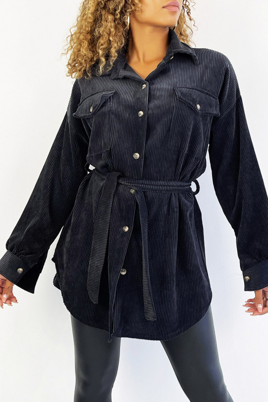 Black velvet overshirt with belt and pockets - 1