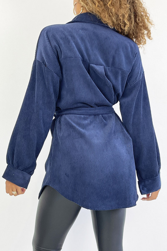 Marineblauw fluwelen overshirt met riem en zakken - 6