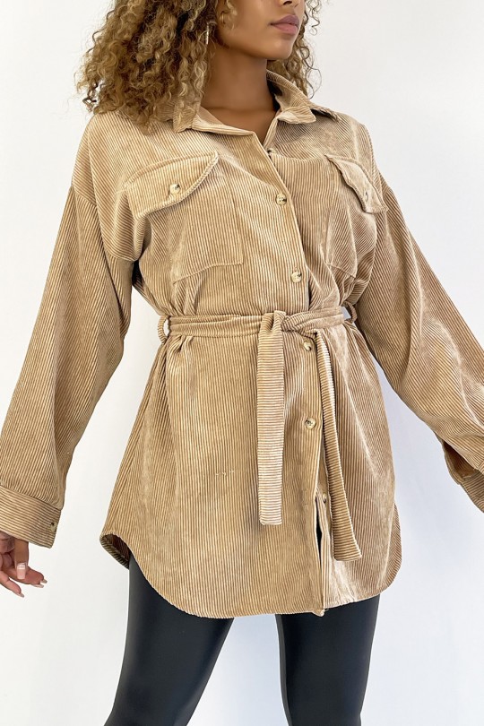 Sur-chemise en velours camel avec ceinture et poches - 1