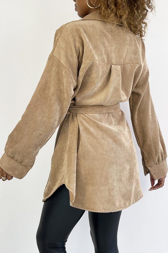 Sur-chemise en velours camel avec ceinture et poches - 4