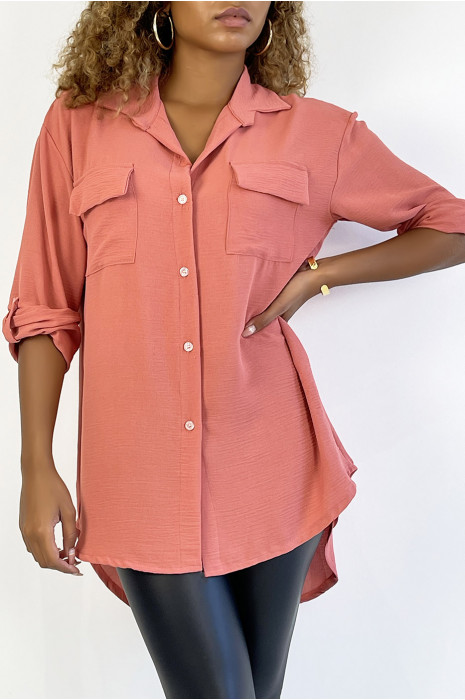 Very chic coral shirt with chest pocket - 2