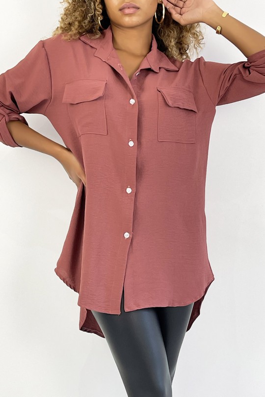 Chemise rose foncé très chic avec poche au buste - 2