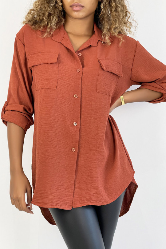 Very chic cognac shirt with chest pocket - 2