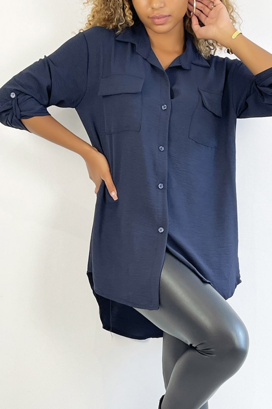 Zeer chique marineblauw overhemd met borstzak - 3