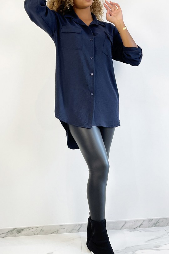 Very chic navy shirt with chest pocket - 4