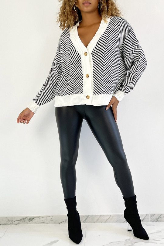 Oversized cardigan with white and black stripe pattern - 1