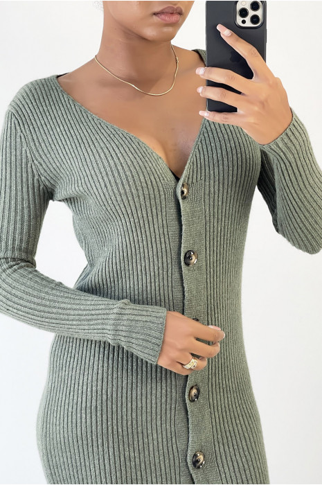 LoLgue kaki sweaterjurk met knopen van geribd materiaal - 1