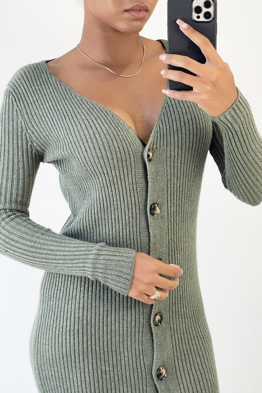 Long khaki buttoned sweater dress in ribbed material - 1
