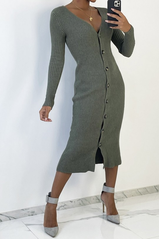 Long khaki buttoned sweater dress in ribbed material - 3