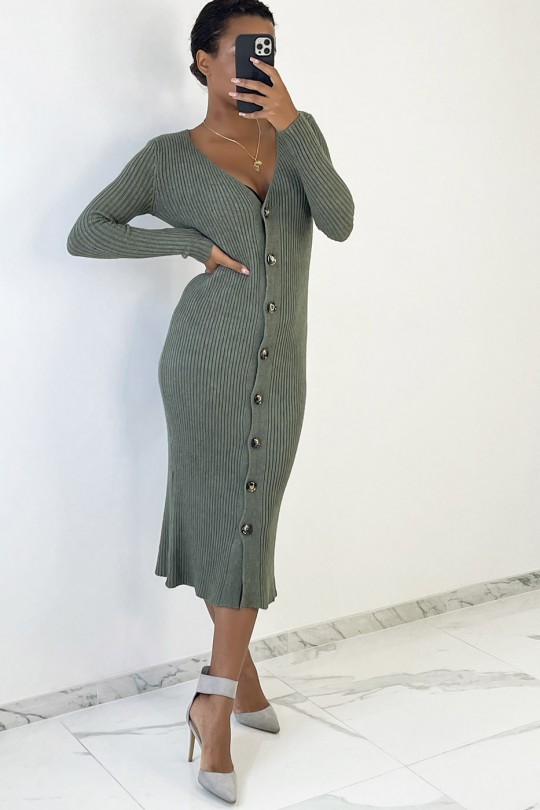 Long khaki buttoned sweater dress in ribbed material - 4