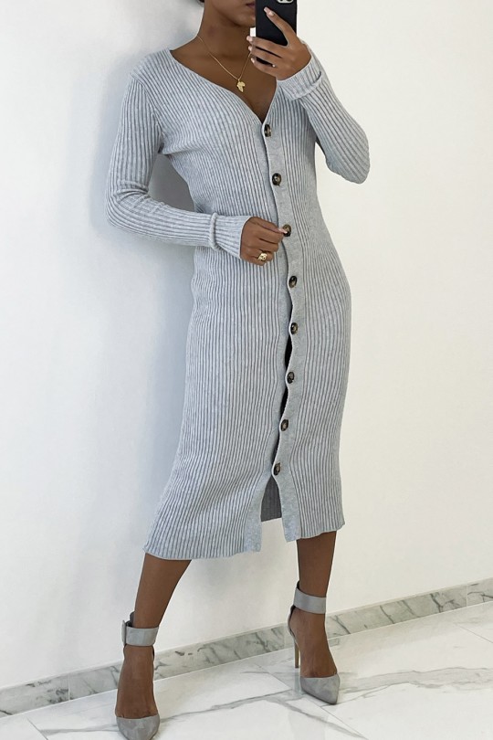 Long gray ribbed buttoned sweater dress - 1
