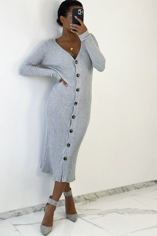 Long gray ribbed buttoned sweater dress - 2