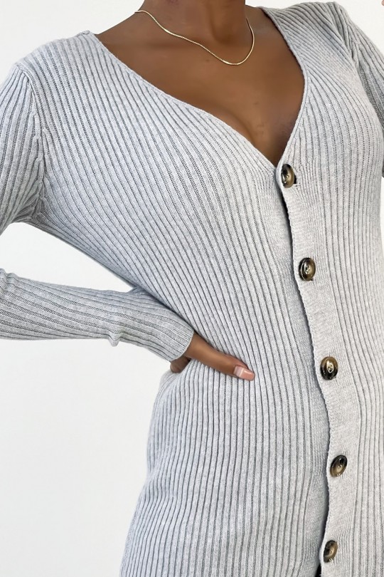 Long gray ribbed buttoned sweater dress - 3