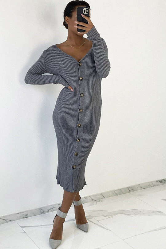 Long anthracite buttoned sweater dress in ribbed material - 1