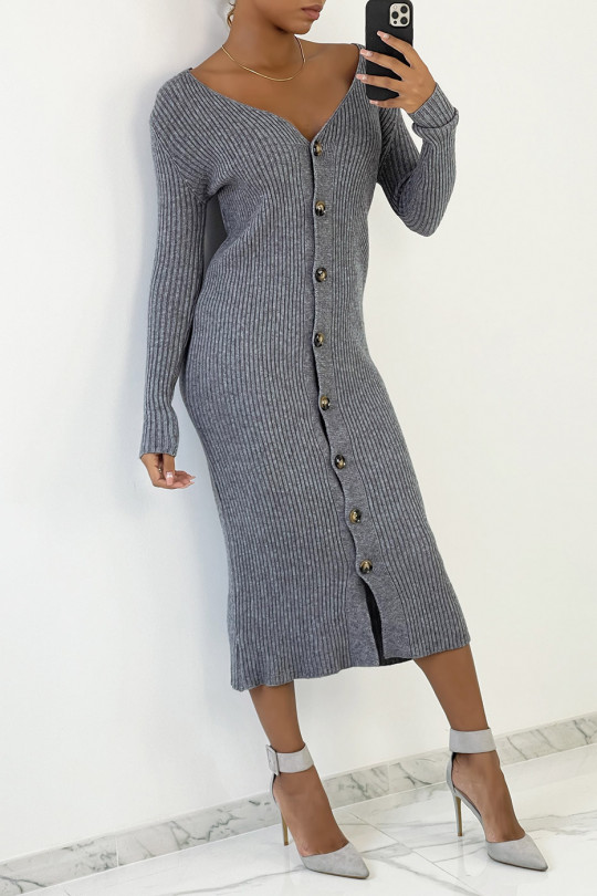 Long anthracite buttoned sweater dress in ribbed material - 2