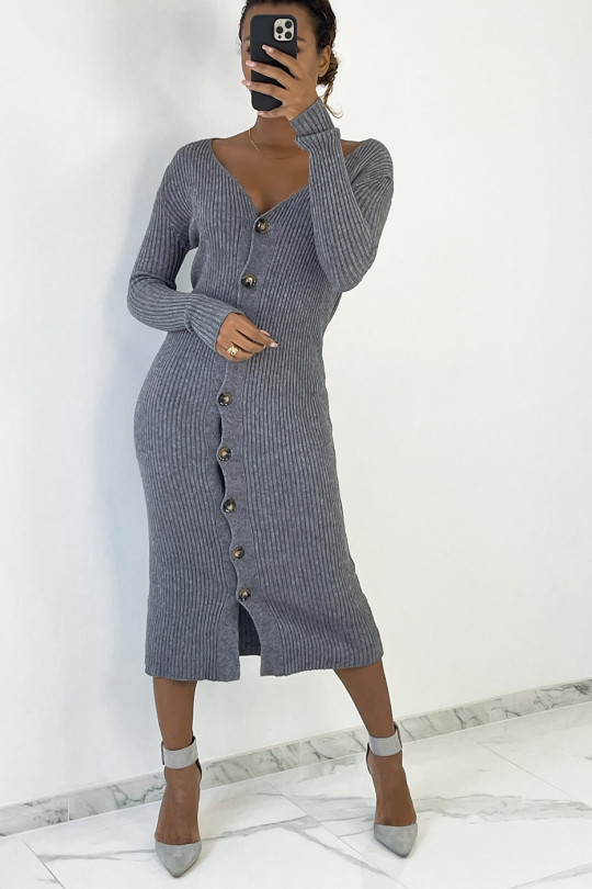 Long anthracite buttoned sweater dress in ribbed material - 3