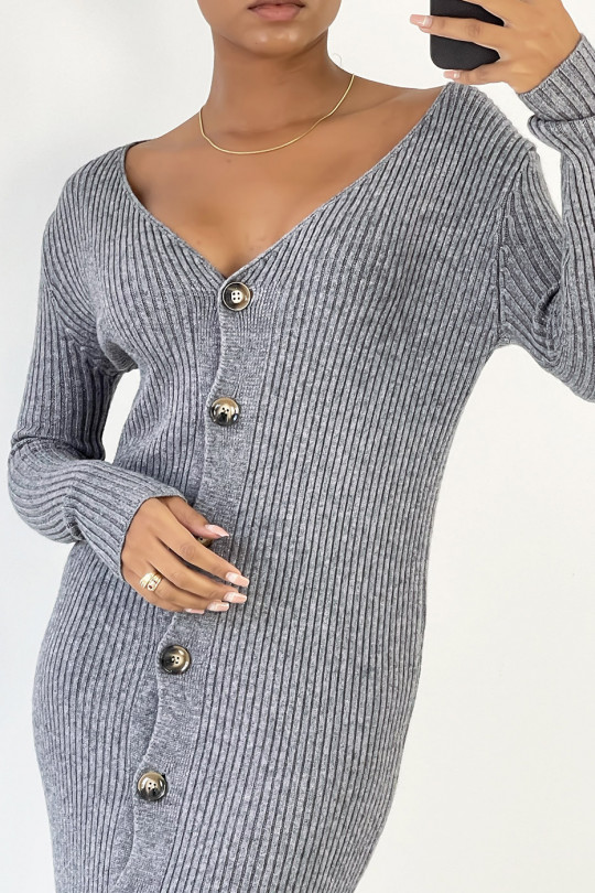 Long anthracite buttoned sweater dress in ribbed material - 4